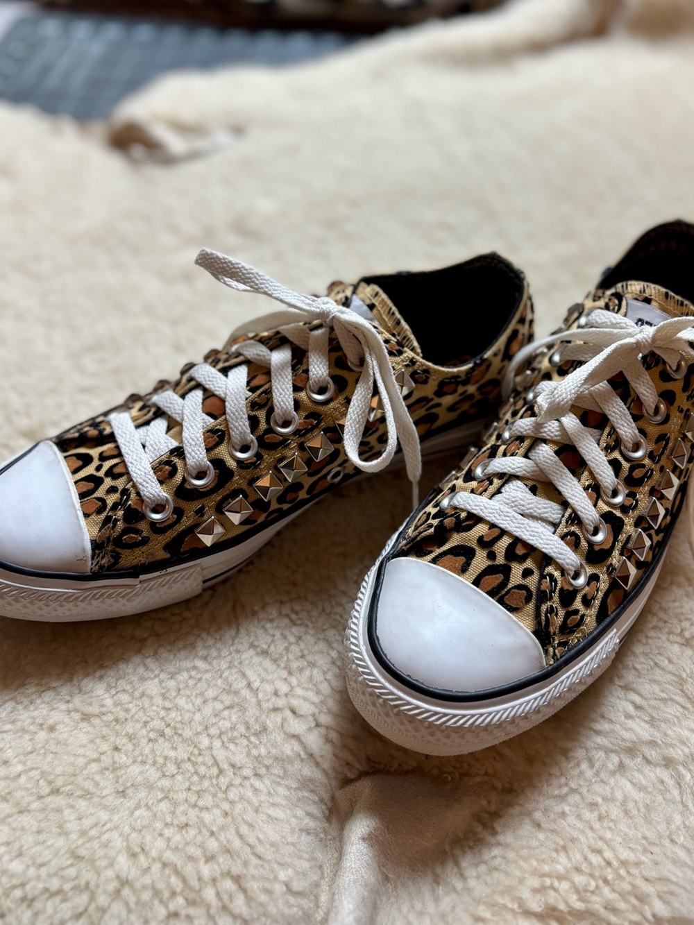 Converse Low-Top Leopard Print Sneakers with Silver Pyramid Studs - Picture 3 of 12